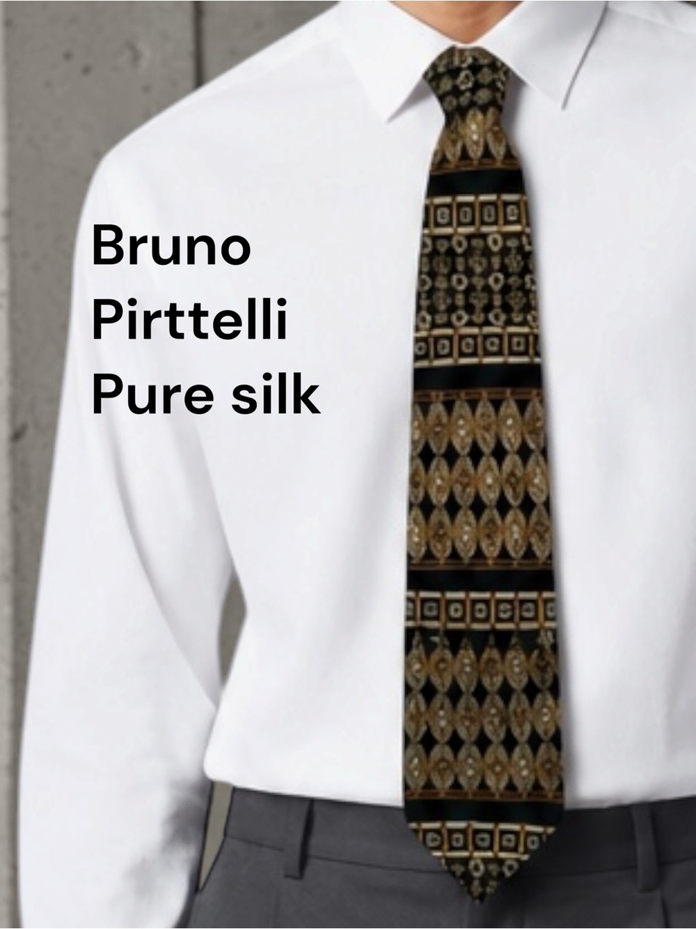 Bruno Piattelli Pure Silk Tie Black Gold Geometric Pattern Classic Necktie
